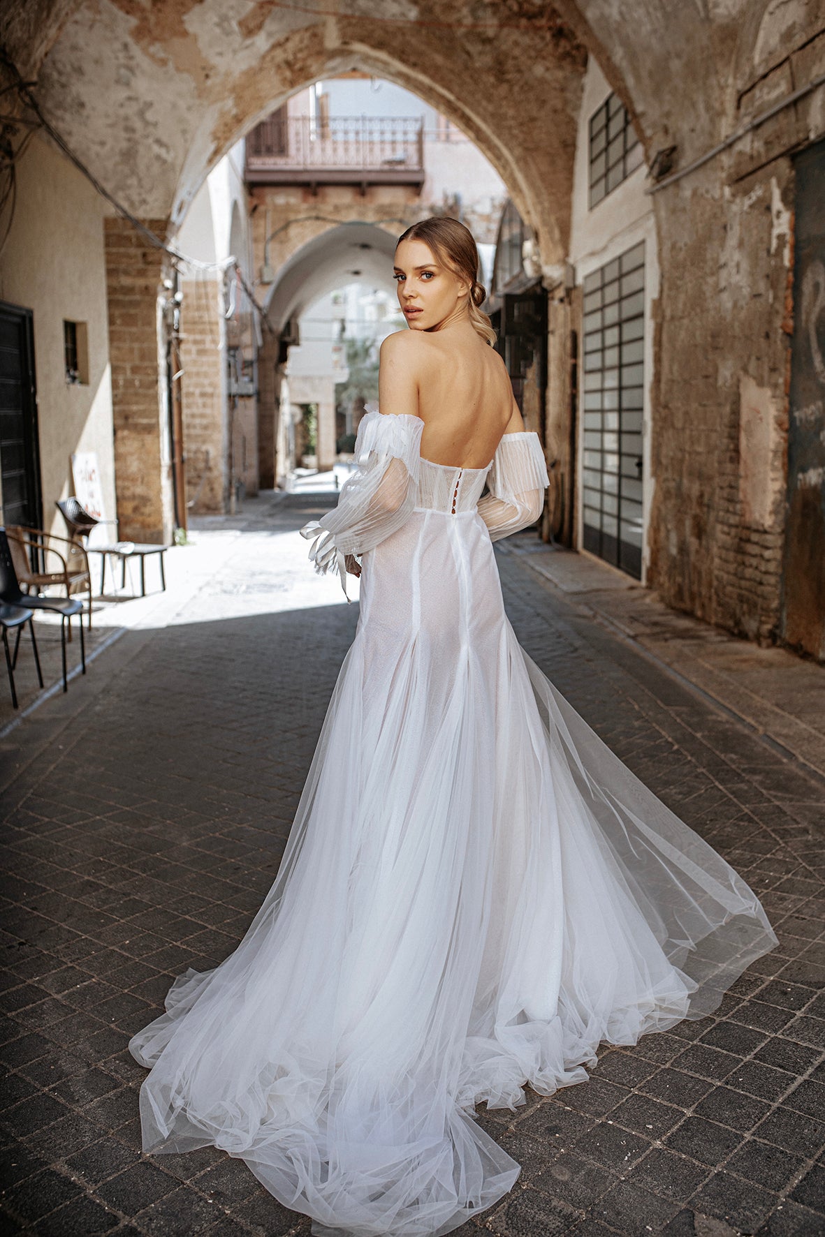 Rome Plisse Off Shoulder High Slit Tulle Bridal Dress