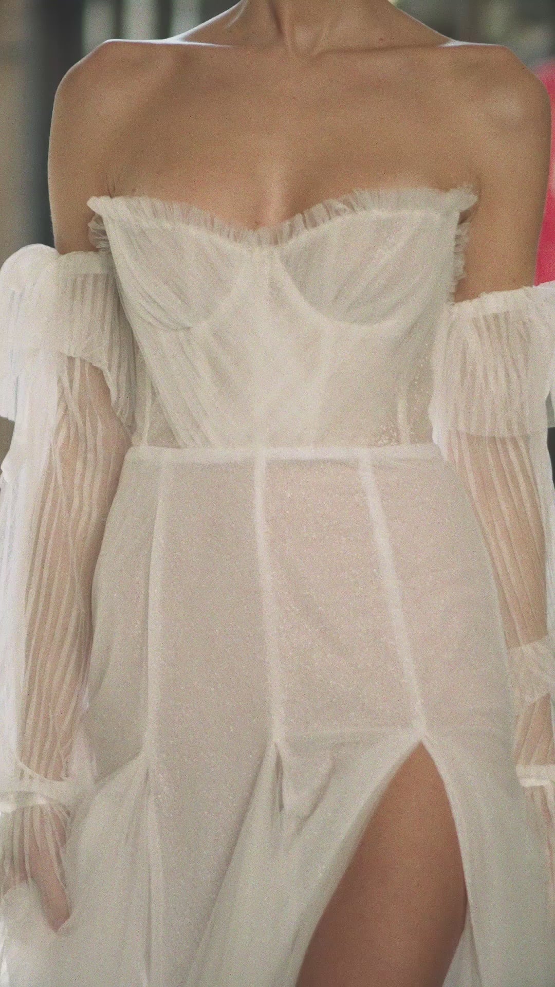 Rome Plisse Off Shoulder High Slit Tulle Bridal Dress